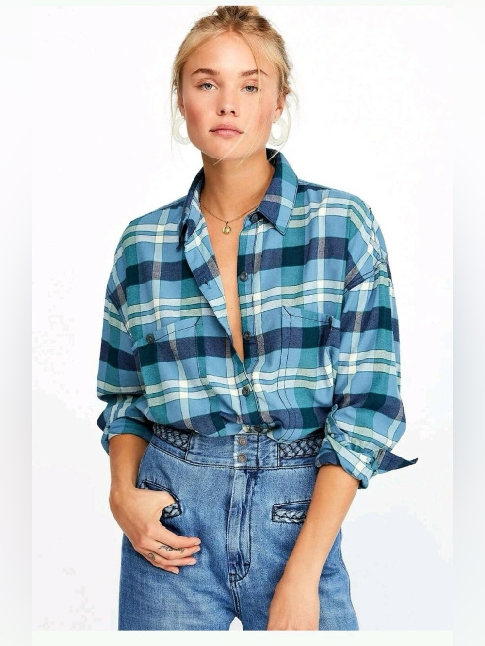 Free People | Loveland Plaid Button Down Shirt | Winter Sea Combo | Medium